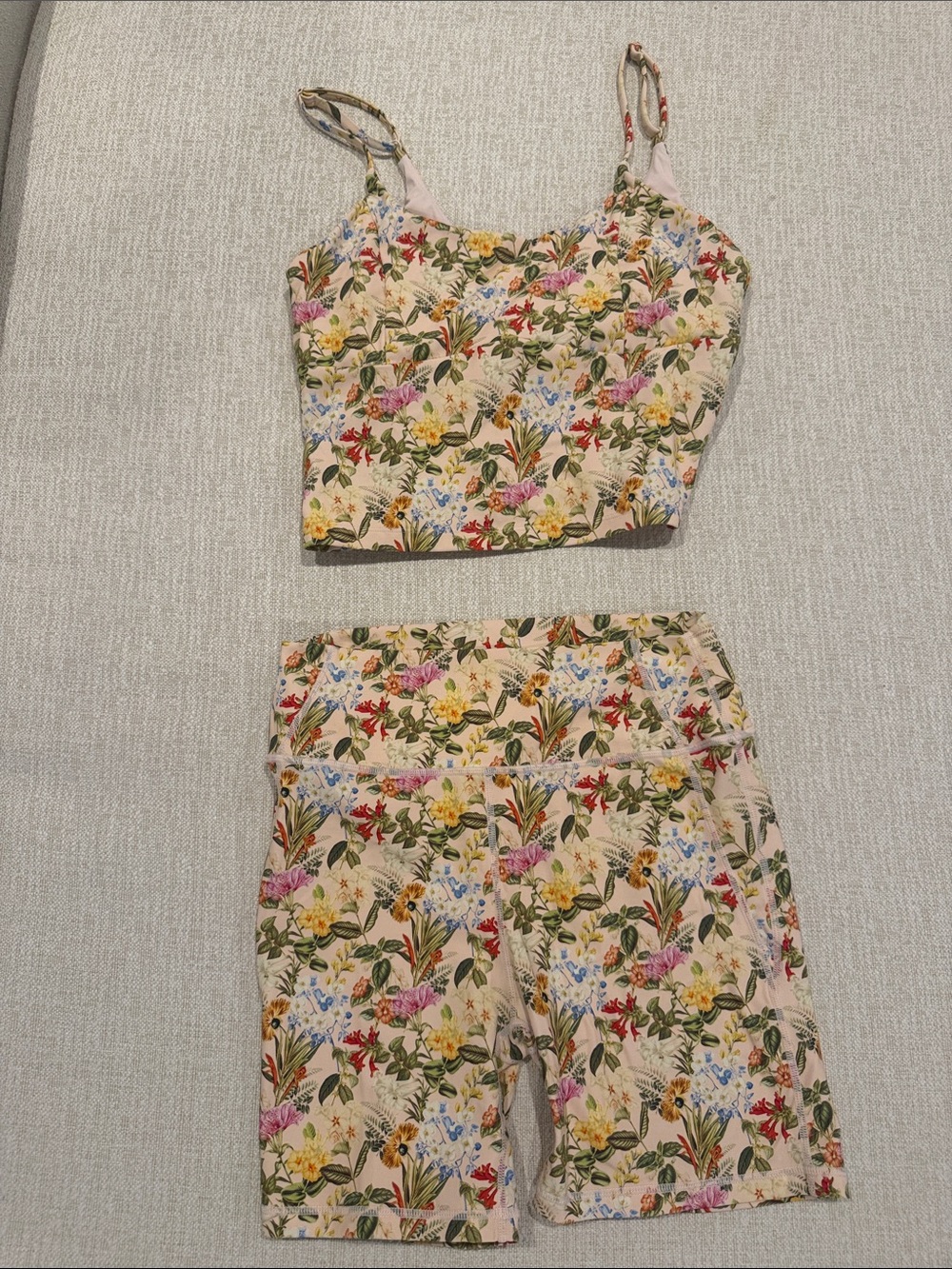 Floral Crop Tank and High-Waist Bike Shorts Set - Cream Floral